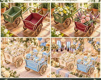 Puede incluir: Un listado de producto digital titulado DECORATIVE CART DESIGNS Laser Cut Files for Creative Displays. La imagen muestra seis modelos de carritos de madera pequeños en verde, rojo, crema y azul, exhibidos vacíos o con flores y regalos.