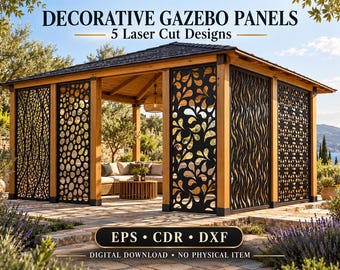 Puede incluir: Una estructura de cenador de madera con cinco paneles decorativos negros cortados con láser y patrones variados. El texto dice DECORATIVE GAZEBO PANELS 5 Laser Cut Designs y EPS CDR DXF DIGITAL DOWNLOAD NO PHYSICAL ITEM.