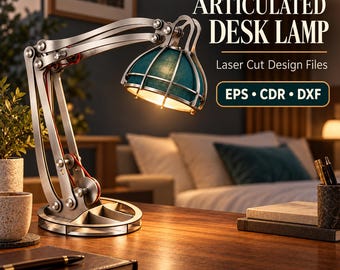 Puede incluir: Una lámpara de escritorio articulada con marco metálico y pantalla en forma de cúpula color verde azulado. El texto dice: ARTICULATED DESK LAMP, Laser Cut Design Files, EPS • CDR • DXF, DIGITAL DOWNLOAD • NO PHYSICAL ITEM. La lámpara tiene articulaciones visibles y cableado rojo.