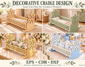 Puede incluir: Un conjunto de archivos digitales titulado DECORATIVE CRADLE DESIGN con patrones de corte láser para una cuna mecedora. La imagen muestra cuatro variantes en madera natural, verde salvia, dorado, y azul con blanco, con formatos EPS, CDR y DXF.