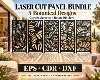 Puede incluir: Un paquete de cinco paneles negros cortados con láser con diseños botánicos para pantallas de jardín o divisores de ambientes. El texto dice LASER CUT PANEL BUNDLE 5 Botanical Designs Garden Screens Room Dividers EPS CDR DXF DIGITAL DOWNLOAD NO PHYSICAL ITEM.