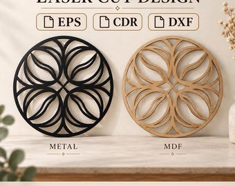 Puede incluir: Un diseño de corte láser digital con dos patrones circulares con recortes simétricos en forma de hoja. Un círculo es negro etiquetado Metal, el otro es marrón claro etiquetado MDF. Texto: LASER CUT DESIGN, EPS, CDR, DXF y UstaCraftStudio.