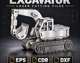 Puede incluir: Un modelo de excavadora de metal plateado con brazo mecánico, cuchara y base de orugas. El texto EXCAVATOR LASER CUTTING FILES aparece arriba, con iconos EPS, CDR y DXF y el texto DIGITAL DOWNLOAD NO PHYSICAL ITEM en la parte inferior.