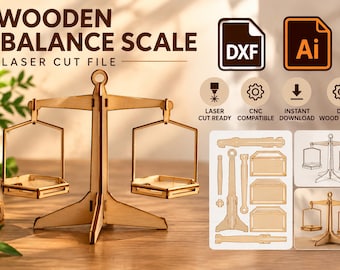 Puede incluir: Un archivo de corte láser para una balanza de madera con el texto WOODEN BALANCE SCALE LASER CUT FILE, iconos DXF y Ai. El diseño incluye un soporte central con dos bandejas colgantes y una vista plana de los componentes de madera.