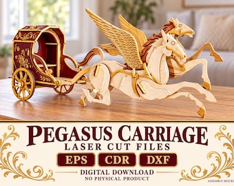 Puede incluir: Un modelo de madera cortado con láser de un carruaje tirado por dos caballos alados, con una cabina roja oscura y detalles dorados. El texto dice: PEGASUS CARRIAGE LASER CUT FILES EPS CDR DXF DIGITAL DOWNLOAD NO PHYSICAL PRODUCT.
