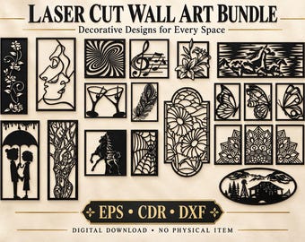 Puede incluir: Una colección digital titulada LASER CUT WALL ART BUNDLE que presenta varios diseños negros cortados con láser, incluyendo patrones florales, rostros abstractos, animales, notas musicales y formas geométricas, en formatos EPS, CDR y DXF.