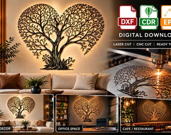Puede incluir: Un diseño de arte mural de árbol en forma de corazón negro con ramas y follaje intrincados. El archivo digital incluye formatos DXF, CDR y EPS para corte láser o CNC. La imagen muestra el árbol con retroiluminación y una cortadora láser.