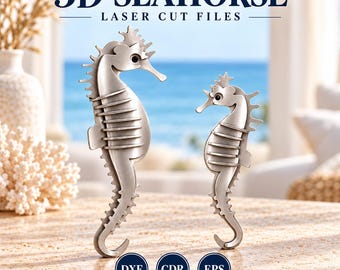Puede incluir: Dos figuras de caballitos de mar en tono plateado con un diseño segmentado y en capas. El texto 3D SEAHORSE LASER CUT FILES aparece en la parte superior, y el texto DXF CDR EPS DIGITAL DOWNLOAD se encuentra en la parte inferior.