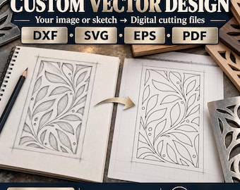 Puede incluir: Un anuncio de servicio de diseño digital titulado UstaCraftStudio Custom Vector Design. Muestra un boceto a lápiz de un patrón de hojas en un cuaderno junto a una versión de arte lineal digital limpia en papel cuadriculado, con etiquetas DXF, SVG, EPS y PDF.