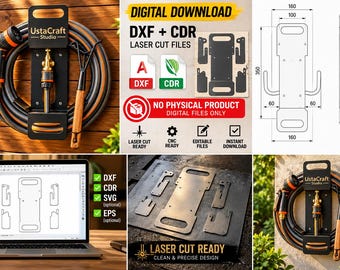 Puede incluir: Una descarga digital de archivos de corte láser en formatos DXF y CDR para crear un soporte de manguera de jardín de metal negro. El diseño incluye una placa de montaje central con ganchos, mostrado con dibujos técnicos y dimensiones.