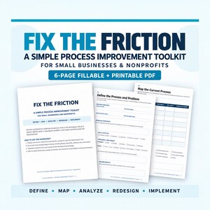 May include: A 6-page fillable and printable PDF toolkit titled FIX THE FRICTION: A SIMPLE PROCESS IMPROVEMENT TOOLKIT FOR SMALL BUSINESSES & NONPROFITS. The document includes sections to define, map, analyze, redesign, and implement processes.