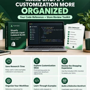 May include: A digital product bundle featuring a laptop displaying code, a green box labeled Shopify Ultimate Liquid Codebook Bundle, and a CRO Checklist document. The text reads Make Shopify Customization More Organized and Your Code Reference + Store Review Toolkit.