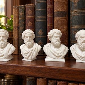 May include: Four white marble-like busts of bearded men in classical robes, arranged in a row. Each sculpture features detailed facial hair, curly hair, and draped fabric across the shoulders, set against a background of antique books.