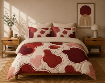Modern Abstract Cotton Comforter, Red Blush Earth Tone Bedding, Contemporary Bedroom Decor