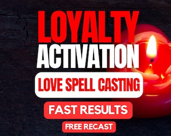 Puede incluir: Una vela roja con forma de corazón con una llama encendida sobre un fondo oscuro texturizado. El texto dice: LOYALTY ACTIVATION, LOVE SPELL CASTING, FAST RESULTS y FREE RECAST. El diseño presenta letras llamativas en rojo y blanco.