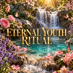 May include: A digital graphic featuring a cascading waterfall surrounded by pink roses and purple lavender flowers. Three orange and black butterflies are visible. The text ETERNAL YOUTH RITUAL is centered in large, gold, serif lettering over the water.