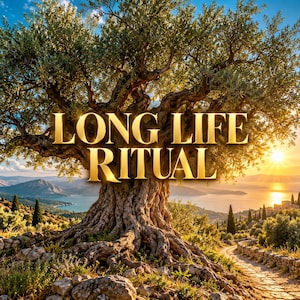 May include: A large, ancient olive tree with a gnarled trunk stands in a Mediterranean landscape at sunset, with the text LONG LIFE RITUAL overlaid in gold letters. The scene includes a stone path, distant hills, and a body of water.