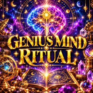 Könnte beinhalten: Eine digitale Illustration mit dem goldenen Text GENIUS MIND RITUAL, zentriert über einem aufgeschlagenen Buch mit Himmelsdiagrammen. Über dem Text strahlt ein leuchtendes, violett-blaues menschliches Gehirn Licht inmitten von Sternen und Kristallen aus.