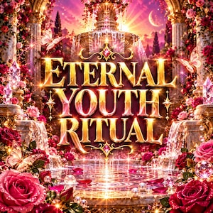 May include: A graphic design featuring the gold text ETERNAL YOUTH RITUAL centered over a fountain. The scene is surrounded by pink and red roses, glowing crystals, floating pearls, and butterflies against a sunset sky with a crescent moon.