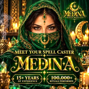 Puede incluir: Una persona con un velo y pa&ntilde;uelo verde bordado en oro, con el texto "MEET YOUR SPELL CASTER MEDINA", "15+ YEARS OF EXPERIENCE" y "100,000+ RITUALS PERFORMED" junto al logotipo "MEDINA MOON HOUSE" en la esquina superior derecha.