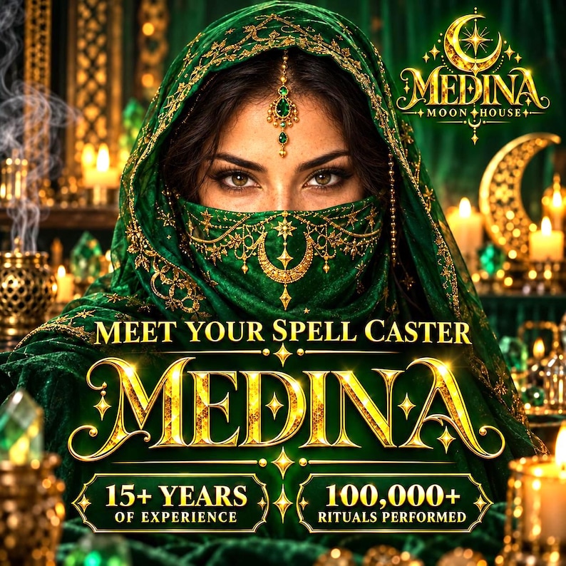 Puede incluir: Una persona con un velo y pa&ntilde;uelo verde bordado en oro, con el texto "MEET YOUR SPELL CASTER MEDINA", "15+ YEARS OF EXPERIENCE" y "100,000+ RITUALS PERFORMED" junto al logotipo "MEDINA MOON HOUSE" en la esquina superior derecha.