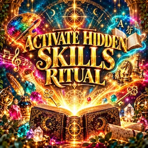 Może przedstawiać: Wibrująca cyfrowa ilustracja ze złotym napisem ACTIVATE HIDDEN SKILLS RITUAL wyśrodkowanym nad otwartą, zdobioną księgą. Otaczające elementy to paleta malarska, nuty, szachowy skoczek, klucze, kryształy i pióro do pisania.