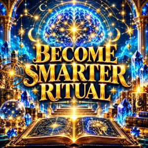 May include: A digital illustration featuring a glowing blue brain above the gold text BECOME SMARTER RITUAL. The scene includes an open book with celestial diagrams, blue crystals, a crystal ball, and golden light rays against a dark background.
