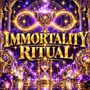 Może przedstawiać: Cyfrowa ilustracja przedstawiająca złoty napis IMMORTALITY RITUAL wyśrodkowany nad świecącą klepsydrą. Powyżej ozdobny fioletowy kielich emituje magiczne światło. Scena jest otoczona fioletowymi kryształami, złotymi symbolami nieskończoności i gwiazdami.