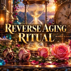 May include: A gold-framed hourglass with glowing sand sits centrally, flanked by a vintage clock and a lantern. The text REVERSE AGING RITUAL is displayed in gold lettering. Pink roses and dried flowers are arranged in the foreground.