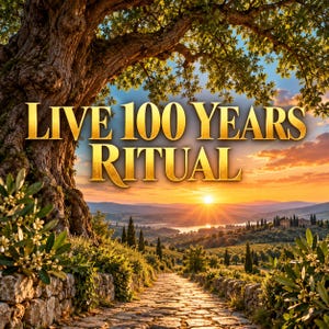 May include: A digital graphic featuring the text LIVE 100 YEARS RITUAL in gold lettering. The background displays a stone path leading through a landscape of olive trees and rolling hills toward a sunset over a lake, framed by an old tree.