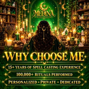 Puede incluir: Un gr&aacute;fico digital con el texto Medina Moon House, Why Choose Me, 15+ Years of Spell Casting Experience, 100,000+ Rituals Performed, y Personalized, Private, Dedicated. Una persona con cabello largo y oscuro frente a una habitaci&oacute;n verde.