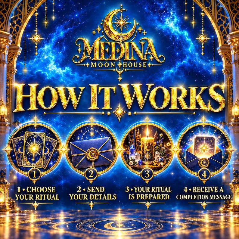 Puede incluir: Un gr&aacute;fico azul y dorado titulado MEDINA MOON HOUSE HOW IT WORKS. Muestra cuatro pasos numerados: 1. CHOOSE YOUR RITUAL con cartas de tarot, 2. SEND YOUR DETAILS con un sobre, 3. YOUR RITUAL IS PREPARED con una vela, 4. RECEIVE A COMPLETION MESSAGE con un sobre.