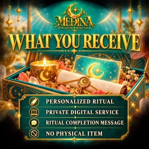Puede incluir: Una caja verde azulado con motivos celestiales dorados que contiene una vela, un pergamino con sello de cera y una tarjeta. El texto dice: MEDINA MOON HOUSE, WHAT YOU RECEIVE, PERSONALIZED RITUAL, PRIVATE DIGITAL SERVICE, RITUAL COMPLETION MESSAGE, NO PHYSICAL ITEM.