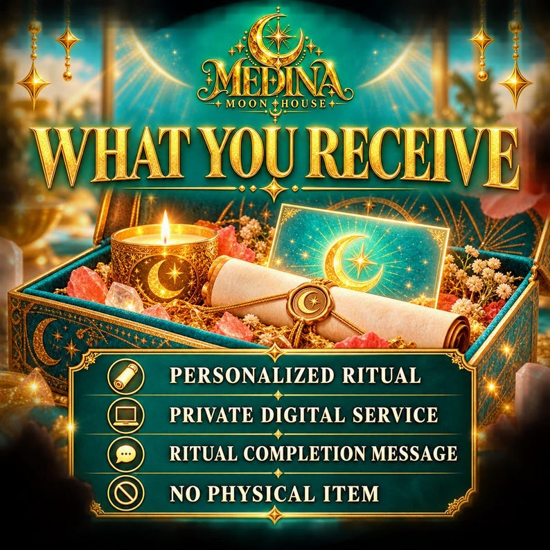 Puede incluir: Una caja verde azulado con motivos celestiales dorados que contiene una vela, un pergamino con sello de cera y una tarjeta. El texto dice: MEDINA MOON HOUSE, WHAT YOU RECEIVE, PERSONALIZED RITUAL, PRIVATE DIGITAL SERVICE, RITUAL COMPLETION MESSAGE, NO PHYSICAL ITEM.