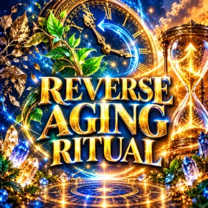 May include: A graphic design featuring the gold text REVERSE AGING RITUAL centered over a glowing blue clock face with Roman numerals, a golden hourglass, green leaves, and scattered crystals. The background displays a circular golden compass pattern.