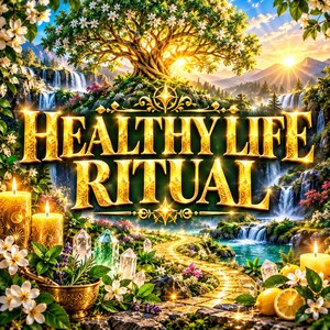 May include: A digital illustration featuring the golden text HEALTHY LIFE RITUAL centered over a landscape with a large tree, waterfalls, a stone path, crystals, lit candles, a mortar and pestle with herbs, and sliced lemons in the foreground.