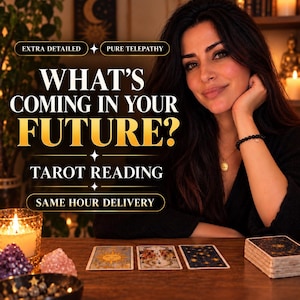 May include: A tarot reading service advertisement featuring text that reads: EXTRA DETAILED, PURE TELEPATHY, WHAT'S COMING IN YOUR FUTURE?, TAROT READING, SAME HOUR DELIVERY. Three tarot cards are laid out on a wooden table next to a deck of cards.
