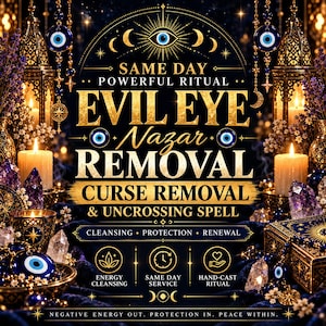 May include: A digital graphic featuring gold text on a dark blue background. The text reads: SAME DAY POWERFUL RITUAL EVIL EYE NAZAR REMOVAL CURSE REMOVAL & UNCROSSING SPELL. It includes icons for energy cleansing, service, and ritual, with evil eye charms.