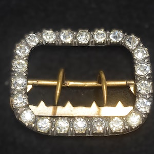 Antique Victorian or Edwardian Vintage Rectangular Rounded Corners Shaped Belt Buckle Clear Rhinestones Brass Tone