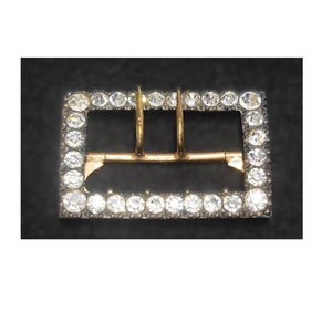 Antique Victorian or Edwardian Vintage Rectangular Shaped Belt Buckle Clear Rhinestones Brass Tone