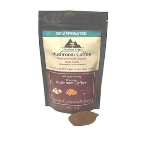 Decaffeinated Mushroom coffee. Shiitake mushrooms. Cordyceps mushrooms.  Reishi mushrooms. Instant coffee.