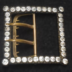 Antique Victorian or Edwardian Vintage Square Shaped Belt Buckle Clear Rhinestones Brass Tone
