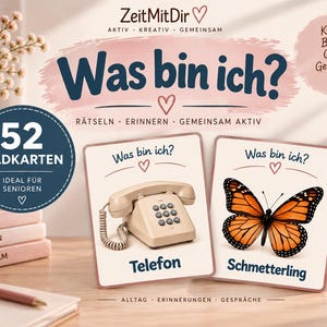 Könnte beinhalten: Ein Set aus 52 Bildkarten mit dem Titel ZeitMitDir, dem Text Was bin ich? und Kleine Bilder. Große Gespräche. Die Karten zeigen Illustrationen eines beigen Festnetztelefons und eines Monarchfalters mit den Beschriftungen Telefon und Schmetterling.