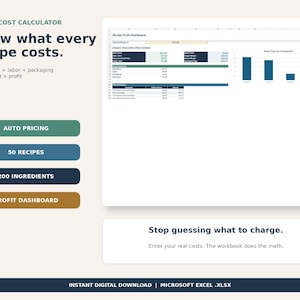 May include: A digital recipe cost calculator spreadsheet for Microsoft Excel. The interface features a profit dashboard, auto pricing, and space for 50 recipes and 200 ingredients. Text includes Recipe Cost Calculator, Know what every recipe costs, and Stop guessing what to charge.