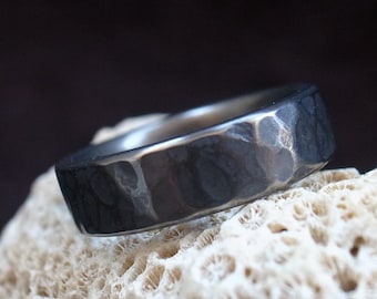 Hammered Rustic Titanium Ring, Dark Gray, handmade forged, Womens Mens Wedding Ring, rugged rough ring Mens  band, Distressed Titanium band