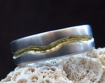 Puede incluir: Un anillo de plata con una fina banda dorada que recorre la parte superior. El anillo está sobre un trozo de coral.