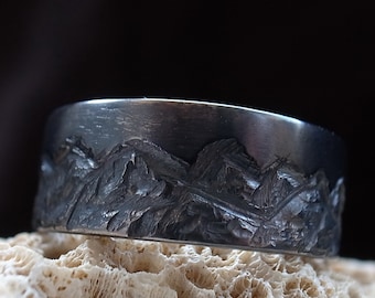 Mountain Range Ring, Titanium,6mm,dark gray, handmade engraving rocky, rough ring, Titanium band,Women's Men's Wedding Ring,titanium jewelry