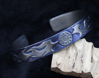 Titanium cuff bracelet men |anodized handmade engraving Rough Flame|12,7 mm Wide and 2mm Thick | Grade 2 | jewelry |Mens titanium Bangle