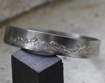 Mountain range titanium cuff bracelet, handmade engraving 12.5mm x 2mm Wide and Thick, Solid Grade 2 titanium, Men's women's Titanium Bangle