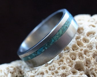 Turquoise Titanium Ring Band, Wedding ring, Distressed Titanium band, Women's  Men's Wedding band, rough ring, Turquoise inlay ring